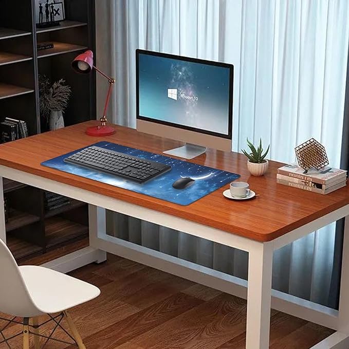 Blue Sky Stars Moon Desk Pad Mouse Pad,Large XL Meteor Showers Mouse Mat with Stitched Edges,Non-Slip Rubber Base Mousepad for Office PC Keyboard Laptop and Home Work Desk Mat(27.5X11.8 in)