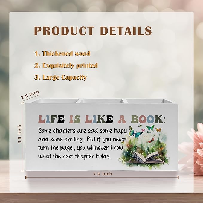 Inspirational Pencil Pen Holder for Desk, Life Is Like A Book Wooden Pencil Holder Organizer for Home Office Library Desk Accessories, Encouragement Gifts for Women