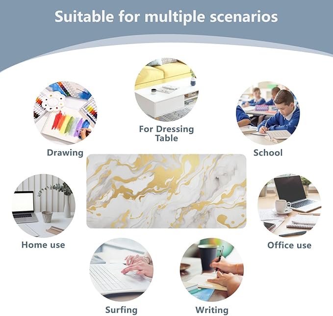 Mouse Pad Desk Mat Leather Desk Pad Large Gaming Desk Cover Protector Mat for Keyboard Computer Laptop Office Waterproof 35.4 x 16.5 Inch Marble White and Luxury Gold