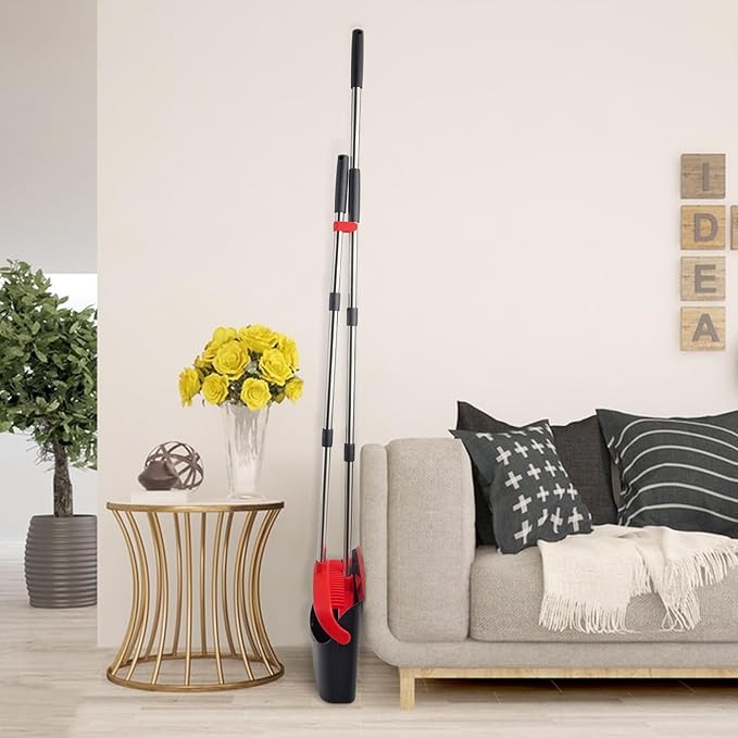 XXFLOWER Broom and Dustpan Set with Long Handle, Heavy Dust Broom and Dustpan Combo for Home,Kitchen, Office, Pet Hair 2PCS (Black Red)