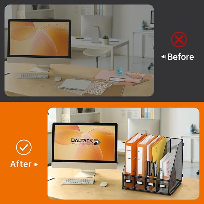 DALTACK Desk Organizers Metal Magazine File Holder with 4 Vertical Compartments Folder Storage Binder Organizer for Office Home School Organization, Black