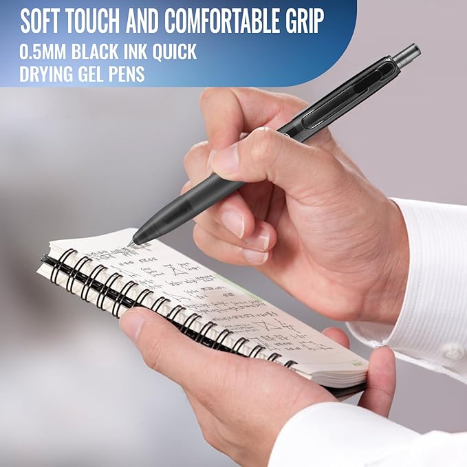 10 Pack Retractable Gel Pens, 0.5mm Fine Point Black Ink - Quick Dry & Smooth Writing for Journaling, Note Taking, School, Office & Artist