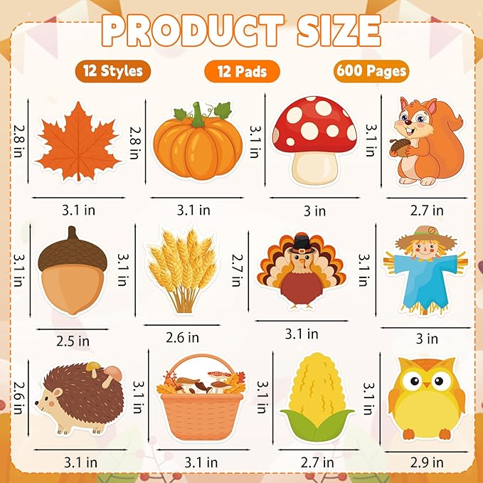 600 Thanksgiving Fall Sticky Notes, Cute Pumpkin Squirrel Turkey Sticky Notes Autumn Sticky Notepad Self Sticky Memo Pads for Fall Thanksgiving Harvest Party Favors Home Office School Supplies