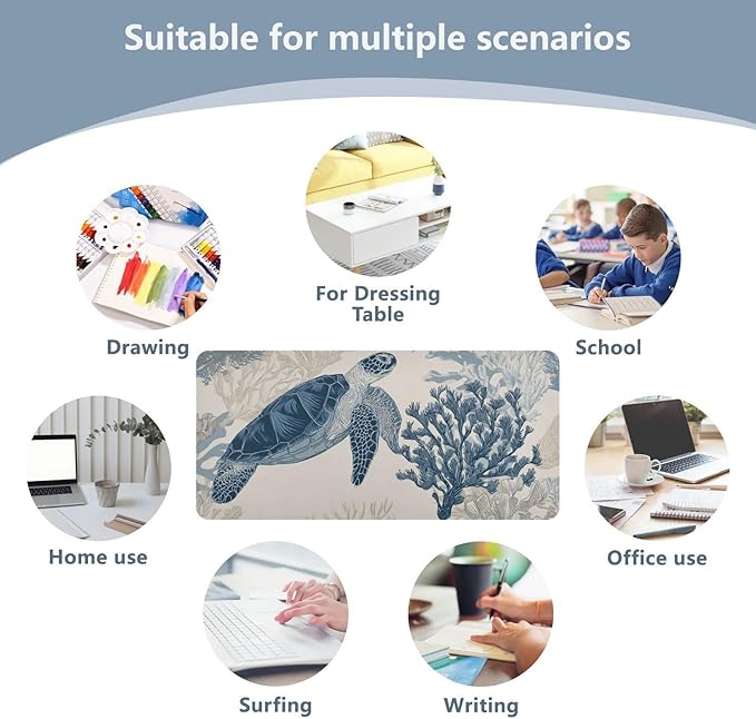 Mouse Pad Desk Mat Leather Desk Pad Large Gaming Desk Cover Protector Mat for Keyboard Computer Laptop Office Waterproof 35.4 x 16.5 Inch Beige and Blue Ocean Turtles Corals