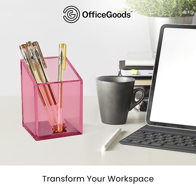 OfficeGoods Acrylic Pen & Pencil Holder - Modern Trapezoid Design - Beautiful Desk Organizer for Home or Office - Contrasting Metal Base - 3" Square w/ 3.5" Front & 4.5" Back - Pink