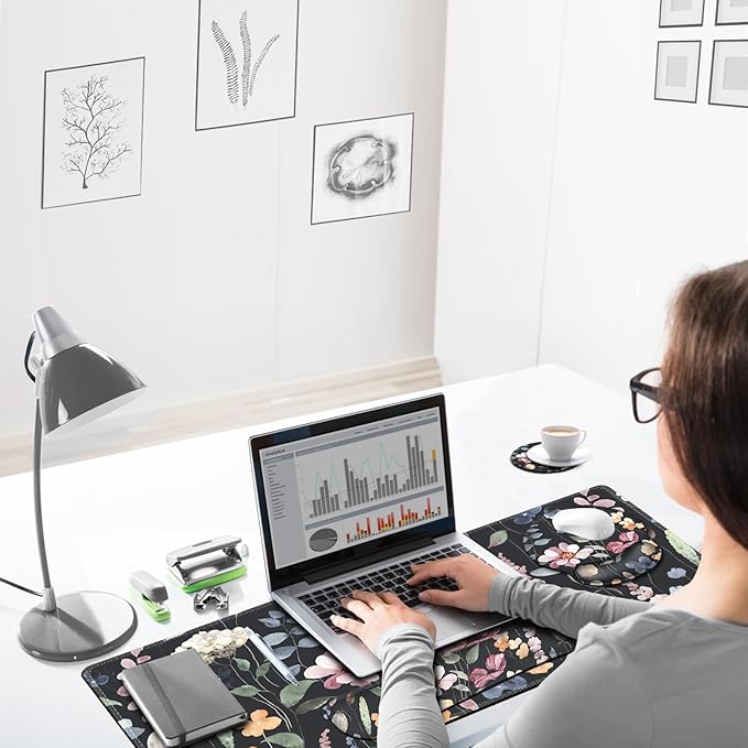 ARTSO Desk Mat, Large Gaming Mouse Pad Wrist Support Set, Ergonomic Keyboard Wrist Rest Desk Pad with Coaster Combo, Extended Mousepad with Non-Slip for Home Office, Flowers Plants