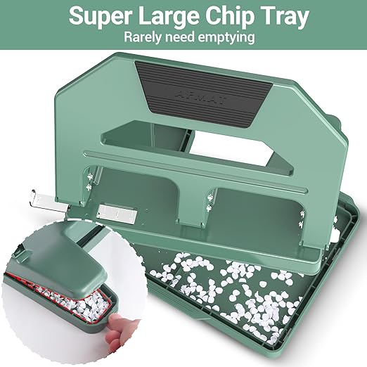 AFMAT HPX2 Heavy Duty 3 Hole Puncher, 40-Sheet Three Hole Punch Heavy Duty, 50% Reduced Effort Paper Punch, 10K+ Uses, Metal Hole Puncher 3 Ring w/Large Tray, Bulit-in S.S. Paper Guide, Green