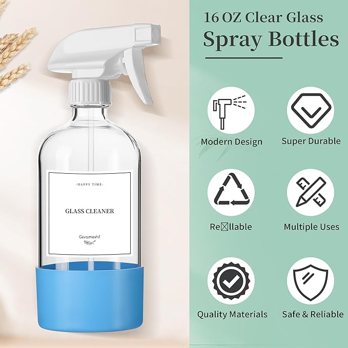 16oz Clear Glass Spray Bottles,6 Pack Glass Spray Bottles Refillable Empty Bottle with Adjustable Nozzle,Spray Bottle for Essential Oils,Cleaning,Pets,Hair Mister