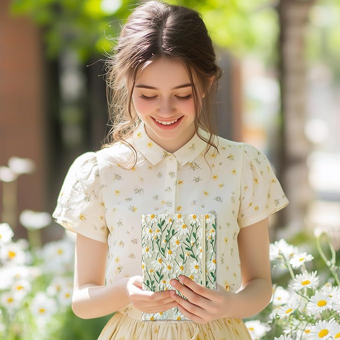 Daisy Gifts, Embroidered Journal, Floral Notebook, A5, 8"x6", Lined, Wide Ruled Paper, Hardcover, Lay Flat, Pretty Journal for Women, Personal Journal, White Daisy Flowers, with Elastic Band