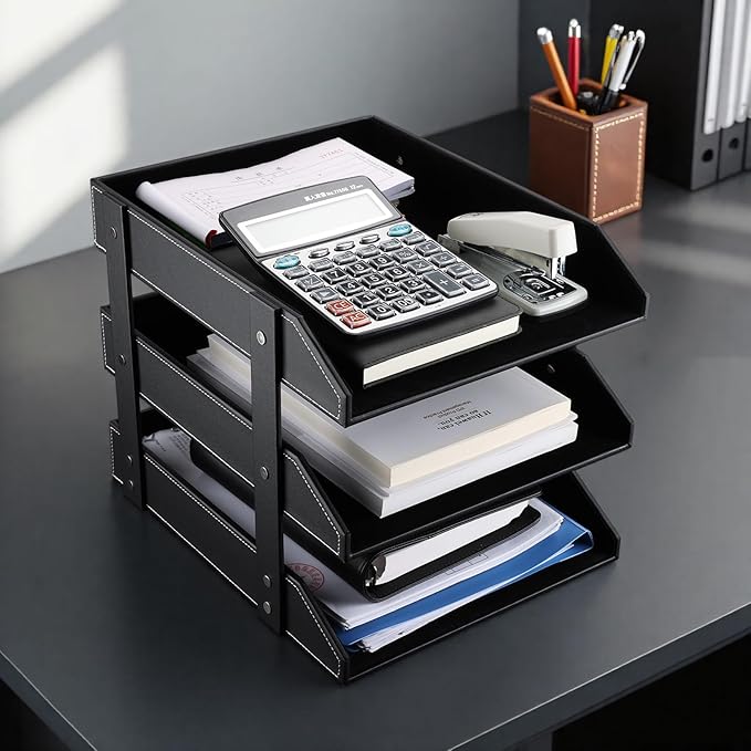 KINGFOM Letter Tray, Leather Paper Organizer Tray, Wooden Desk File Holder, Desktop File, Stackable Magazine Holder, Mail Sorter, Great for Home or Office - 3 Level Black