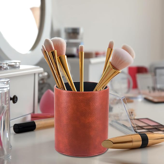 Pen Holder PU Leather Pencil Desk Stand for School/Office/Home (Brown)