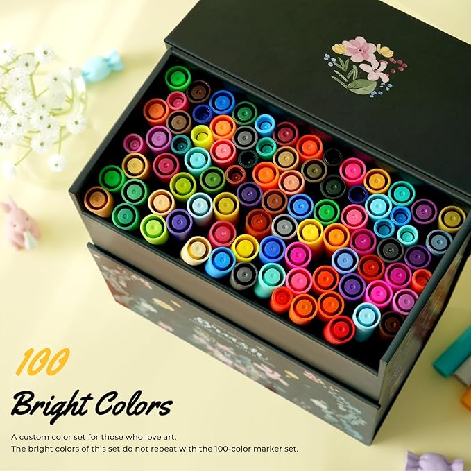 Ohuhu Markers for Adult Coloring Books No Bleeding 100 Colors Coloring Markers Water-based Dual Tips Fineliner & Brush Drawing Pens Art Pens for Kids Adults Sketch Journal - Maui - Black