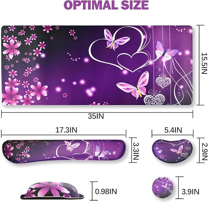 ARTSO Large Gaming Mouse Pad, Keyboard Wrist Rest Pad & Wrist Support Mousepad Set, Stitched Edge, Extended, Non-Slip Base, Memory Foam Desk Mat for Office, Home, Purple Heart Butterfly