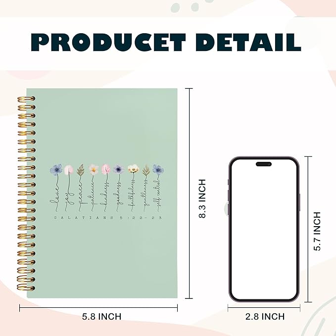 BearCake Boho Floral Christian Notebook Journal,spiral Bible Notebooks for Note Taking,Christian Gifts for Women, Bible Journaling Notebook,Bible 5:22-23 Hardcover Spiral Notebook 5.5x8.3 green