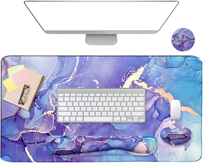 Large Mouse Pad and Keyboard Wrist Rest, Desk Pad for Keyboard and Mouse, 4-in-1 Large Gaming Mouse Pad with Wrist Support - Purple Marble