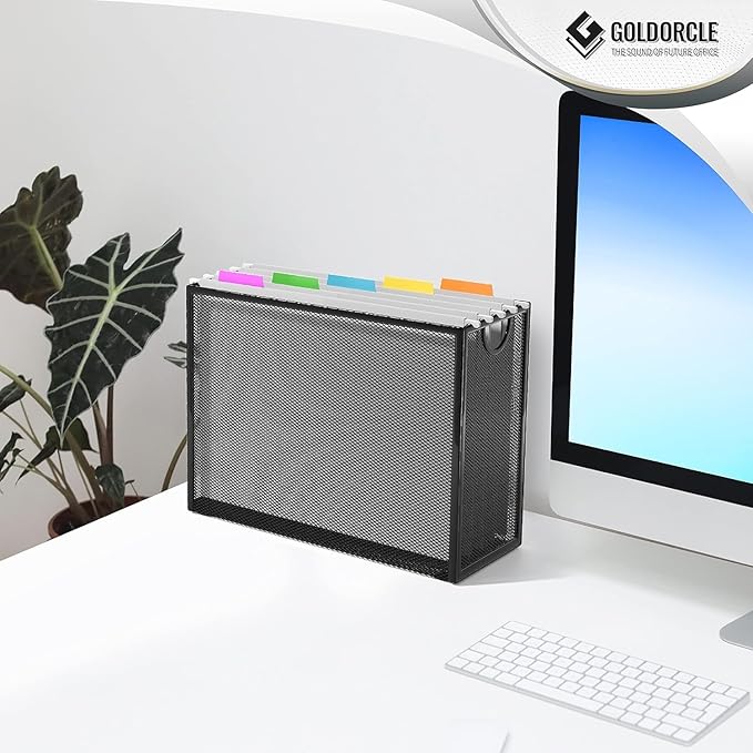 Hanging File Organizer, Letter-size File Holder Filing Box with 5 Hanging Folders, Metal Mesh Desk File Folder Storage(No Assembly Required)
