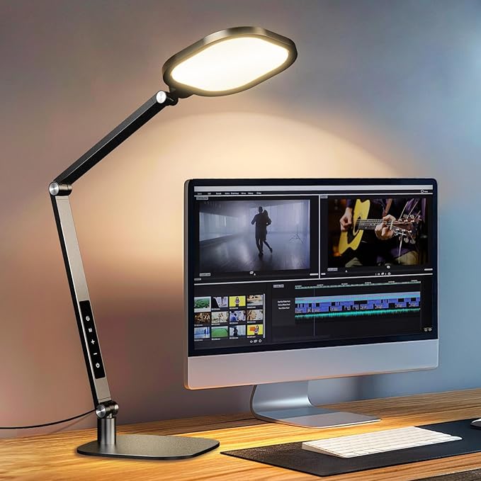 LED Desk Lamp for Home Office, 15W Desk Light with CRI >95, Memory & Timer Function, 1200LM Dimmable Computer Light for Video Calls, Conference, Reading, Study (Black-2packs)