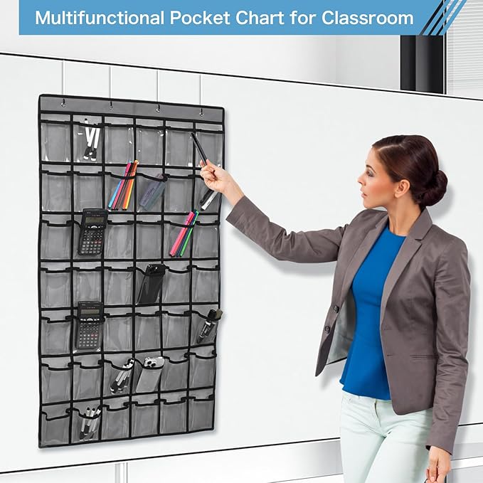42 Pocket Classroom Pocket Chart for Cell Phones and Calculator,Clear Cellphone Pocket Chart for Classroom with Number Sticker and Hooks (Grey-42 Pockets)