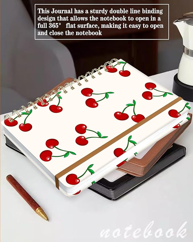 Spiral Journal Notebook for Women, Hardcover A5 College Ruled Notebook, 60 Sheet, Thick Paper, Cute Lined Journal for School, Office & Work, 6 x 8.4 in(Cute Cherry)