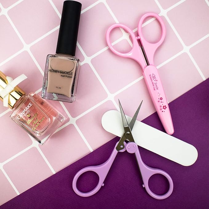 Eyebrow Scissors, Small Scissors for Facial, Nose, Eyebrow, Mustache, and Beard Hair Trimming & Grooming, Straight Edge, Pink Long Cap