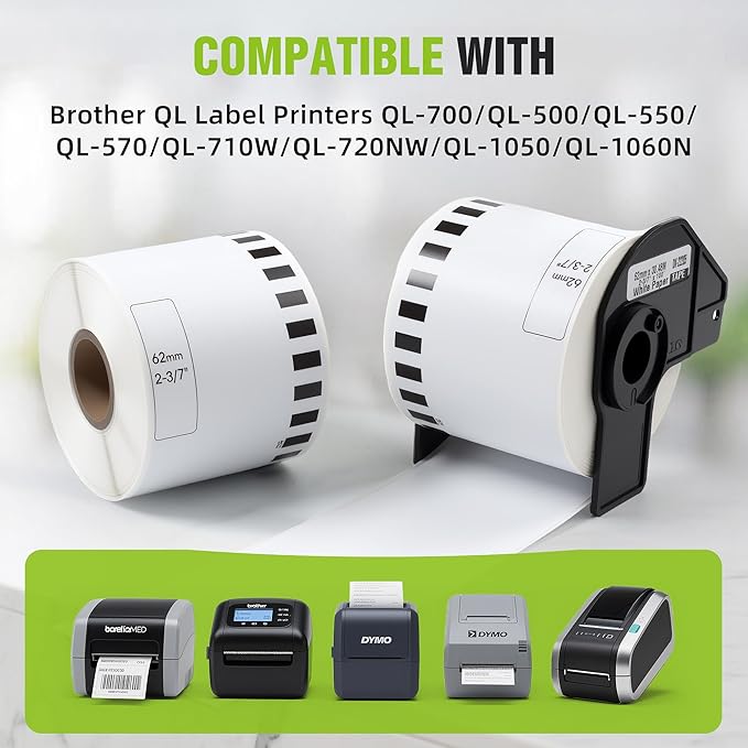 2-3/7"x 100' Continuous Labels Replacement for Brother DK-2205 Paper Label Maker Tape Use with QL-1060N QL-1050 QL-720 QL-710 QL-570 (12 Rolls,1 Reusable Frame)