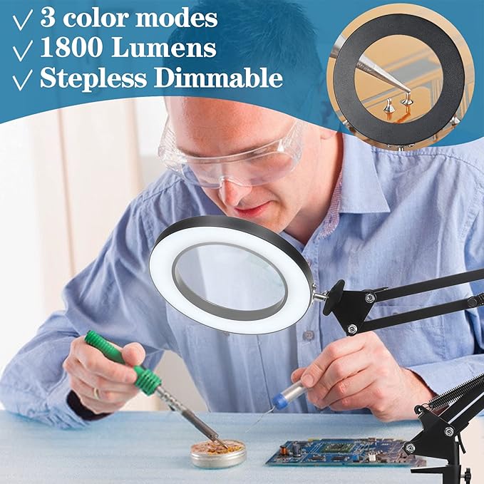 HITTI 10X Magnifying Glass with Light and Stand, Stepless Dimming 3 Color Modes LED Magnifier Lighted Glass, Hands Free Desk Lamp with Clamp for Reading Repair Crafts Close Work