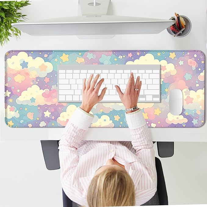 Cute Colorful Cloud and Star Desk Mat, Watercolor Pink Extended Large Gaming Mouse Pad, Computer Keyboard Laptop Girl Kawaii Mousepad for Work, Game, Office and Home, XL