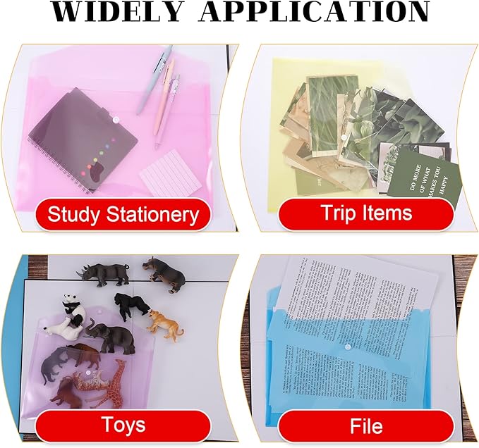 30pcs Plastic Envelopes,Poly Envelopes with Snap Button Closure,Clear Document Folders Letter A4 Size File Envelopes,Plastic File Folders for School Home Work Office Organization,8 Assorted Color (30)