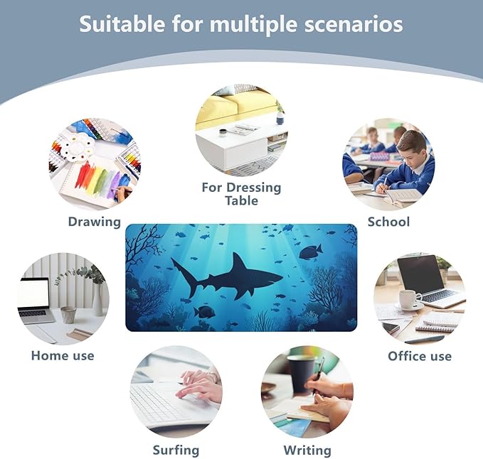 Mouse Pad Desk Mat Leather Desk Pad Large Gaming Desk Cover Protector Mat for Keyboard Computer Laptop Office Waterproof 47.2 x 23.6 Inch Sharks Coral Reef Tropical Blue