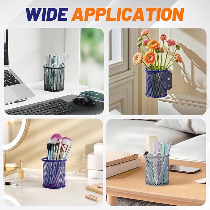 Segarty Pen Cup, 3 Pack Assorted Colors Round Pen Holder for Desk, Wire Mesh Pencil Cups Holder Desktop Accessories Organizer for Office Supplies, School, Home, Makeup Brush (Black Silver Dark Blue)