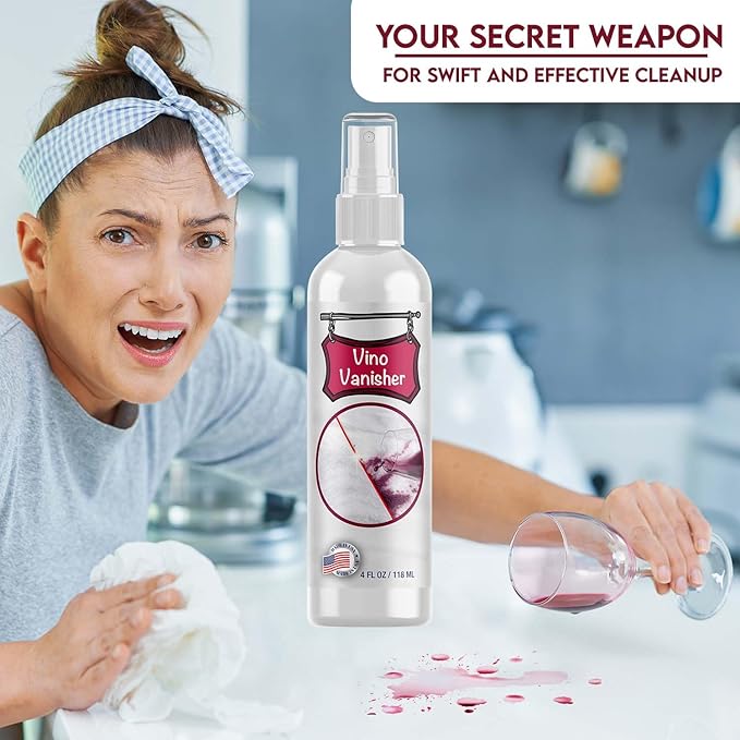 Vino Vanisher Wine Stain Remover β Instantly Lifts Red Wine Stains from Carpet, Clothing, Upholstery & More β Fast-Acting, Eco-Friendly Formula β Safe on Whites & Colors β4oz Spray Bottle