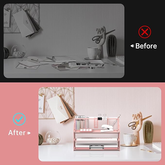 SUPEASY 3 Tier Desk Organizer with Handle & 3 Pen Holders, Mesh Paper/File Organizer for Desk, Paper Letter Tray Organizer for Office Supplies (Cute Pink)