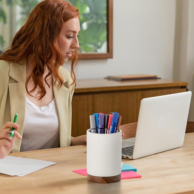 Pen Holder for Desk, Ceramic Pencil Organizer & Makeup Brush Holder, Office Decor and Desk Accessories,Perfect Office Organization,Teacher Supplies(White, Set / 2)