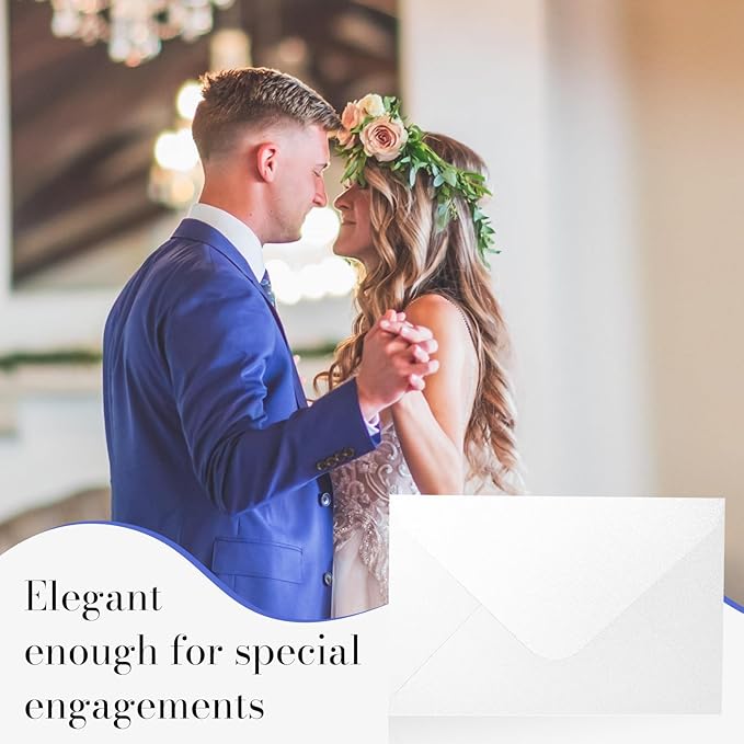 Shimmer Shiny White Envelopes 5.25 x 7.25 inches 100 PCS, Goefun A7 Euro V Flap Envelopes with Gummed Seal for 5 x 7 Cards, Wedding, Baby Showers, Birthday, Graduation