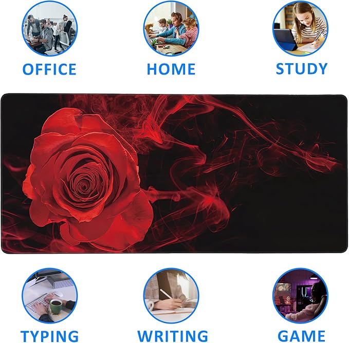 Large Extended Mouse Pad Red Smoke Rose Desk Mat,Large Gaming Mouse Pad,Big Desk Pad with Thick Stitched Edges Suit for Home Office or Gaming 35.4x15.7 Inch