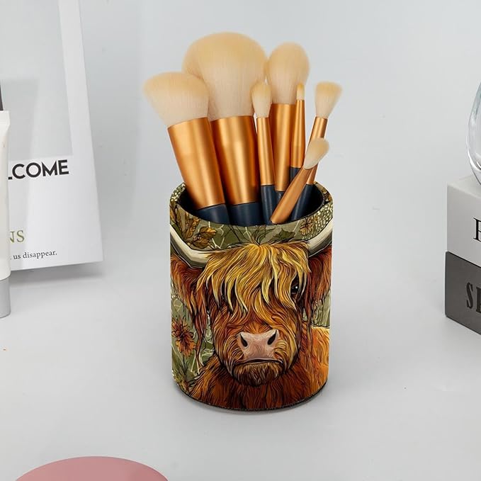 Watercolor Sunflower Yak Circular Pen Holder, Pen Cup Makeup Brush Holder, Design for School, Home and Stationary Supplies (3.9 x 3.1 Inches)