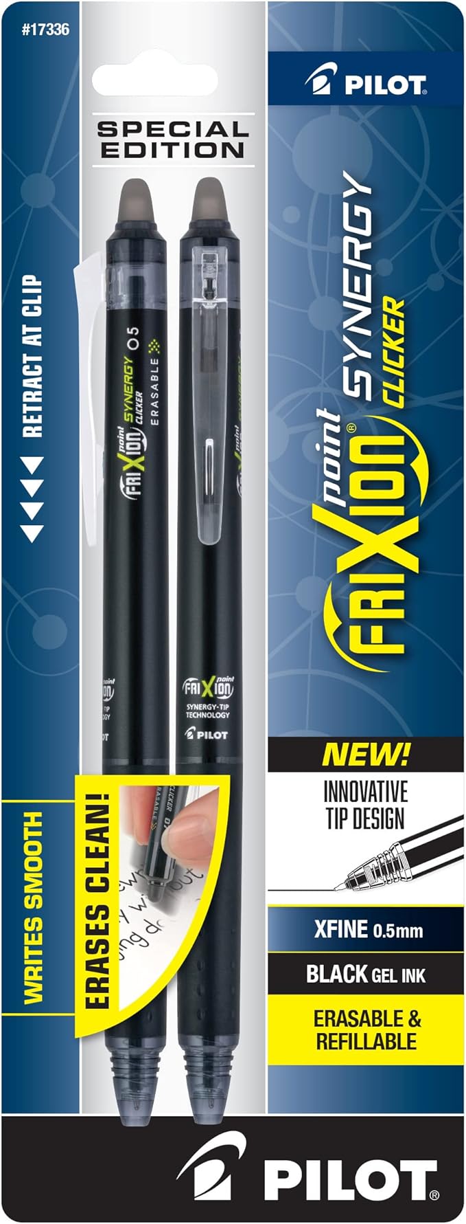 PILOT FriXion Synergy Clicker Erasable Retractable & Refillable Gel Pens, 0.5mm Extra-Fine Point, Black Barrel, Black Ink, Pack Of 2 Pens