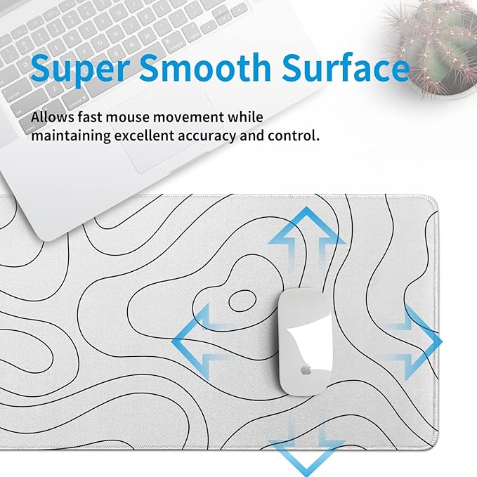 White Large Gaming Mouse Pad Desk Pad Topographic Map Big Keyboard Mat 31.5x11.8inch Computer Mousepad with Stitched Edge Non-Slip Rubber Base