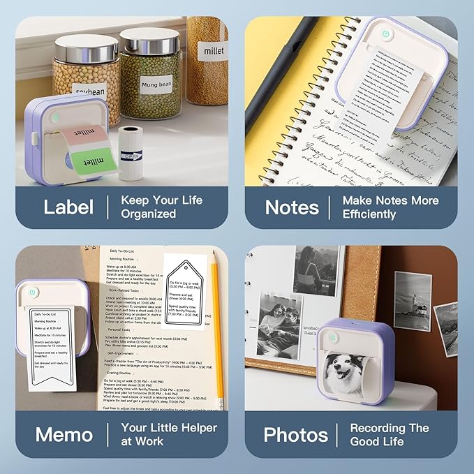 Label Maker Machine, HD Mini Sticker Printer with 7 Rolls Paper, Portable Thermal Print Pod Supports 12-57mm Papers, Bluetooth Pocket Printer for Home, Kitchen, School,Compatible Phone&Tablet (Purple)