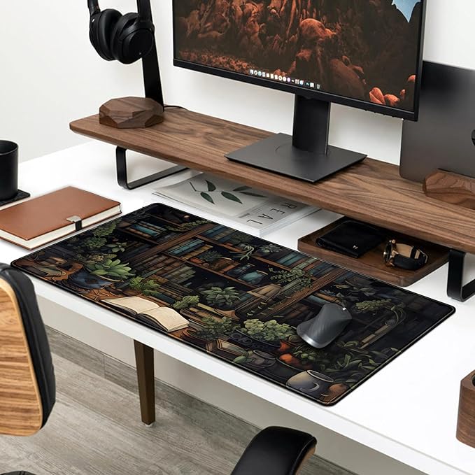 Desk Mat Green Bonsai Library Book Mouse Pad Big Vintage Aesthetic Desk Pad Flower Plant Extended Mouse Pad Large Gaming Mousepad XXL Keyboard Mouse Mat Desktop Mat Office Desk 31.5 X 11.8 in
