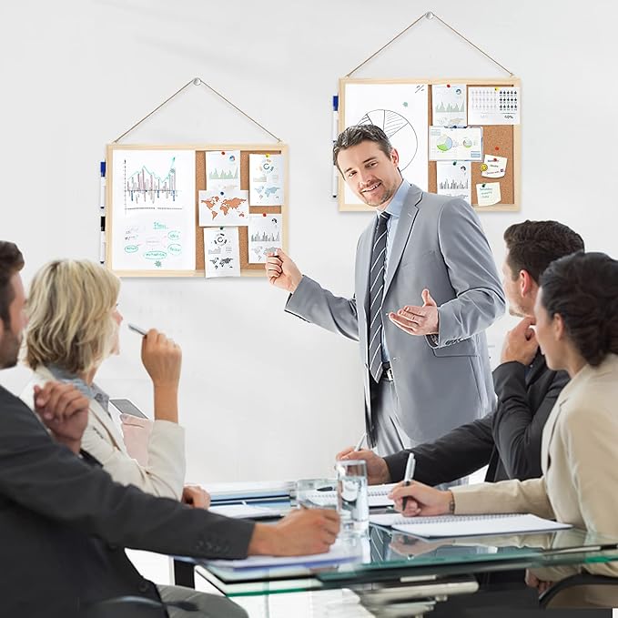 2-Pack Cork Board White Board Combo - 15.7 x 12 inches Whiteboard Bulletin Combination Board Hanging Office White Push Pin Board Vision Board for Room School Office Bedroom (with Pins, Hardware, Rope)