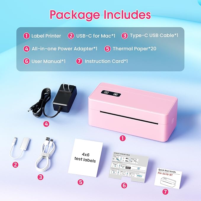 Bluetooth Thermal Shipping Label Printer, 2410BT 4x6 Label Printer for Small Business, Pink Label Printers Compatible with iPhone/Android & PC, Widely Used for Ebay, USPS, FedEx, Tiktok