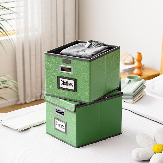 Huolewa File Organizer Box with Lid, Collapsible Faux Leather Document Organizer, Hanging File Folder Box with Plastic Slide, Decorative Filing Boxes Cabinet for File and Folders Storage(Green)