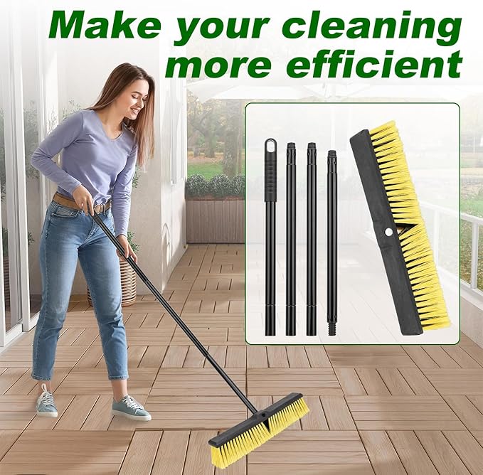 18 Inches Push Broom Outdoor- Heavy Duty Commercial Broom with 64.5" Long Handle and Stiff Bristles for Patio Garage Deck Concrete Wood Stone Tile Driveway Yard Warehouse Shop Floor Cleaning