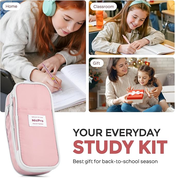 Nicpro 45PCS Aesthetic School Supplies with Pencil Case, Mechanical Pencil Set 0.5, 0.7, 0.9, 2mm with 462 PCS Lead Refills, Back to School Supplies For Writing Drawing, Ideal Stationary Set for Girls