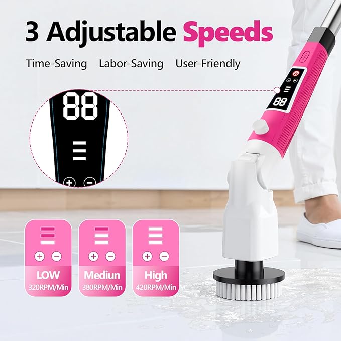 Electric Spin Scrubber,2026 New Adjustable Angle Cleaning Brush,IPX7 Waterproof Shower Scrubber with 3 Speed Settings,9 Brush Heads & Extendable Long Handle for Bathroom, Kitchen and Car Cleaning