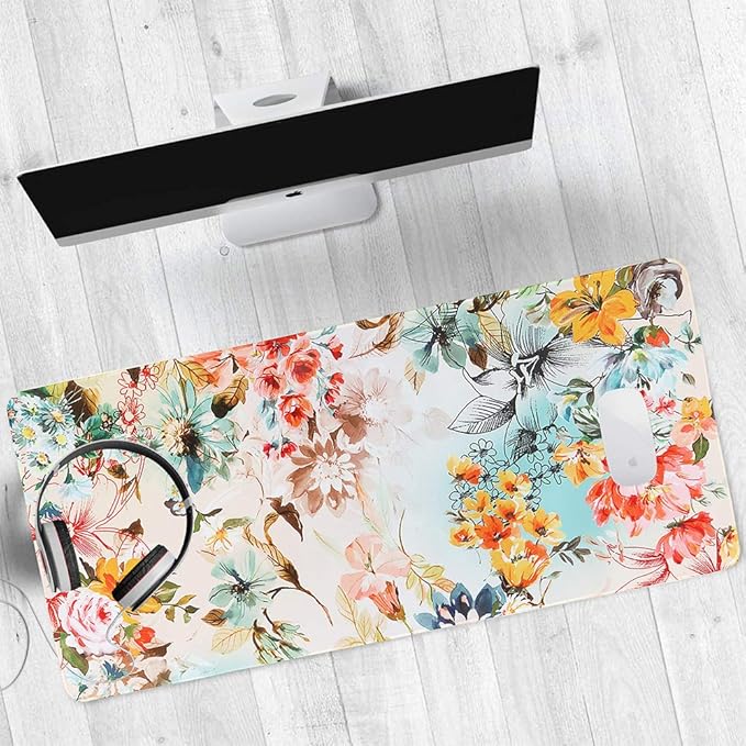 HAOCOO Floral Desk Pad Mat, Computer Desk Matt for Desktop, Large Mouse Pad for Desk, XXL Gaming Mousepad with Non-Slip Base, Waterproof Laptop Keyboard Mat for Office Laptop Women