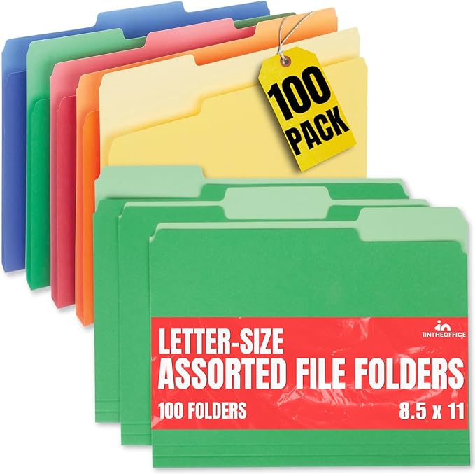 1InTheOffice Colored File Folders, Top-Tab File Folders, 3 Tab, 5 Assorted Colors, Letter Size, 100/Pack