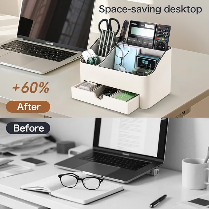 KINGFOM Desk Organizer with Drawer, Multifunction Pencil Holder for Desk, Desk Organizer and Accessories 5 Comparetments for Home Office Supplies (Ivory White)