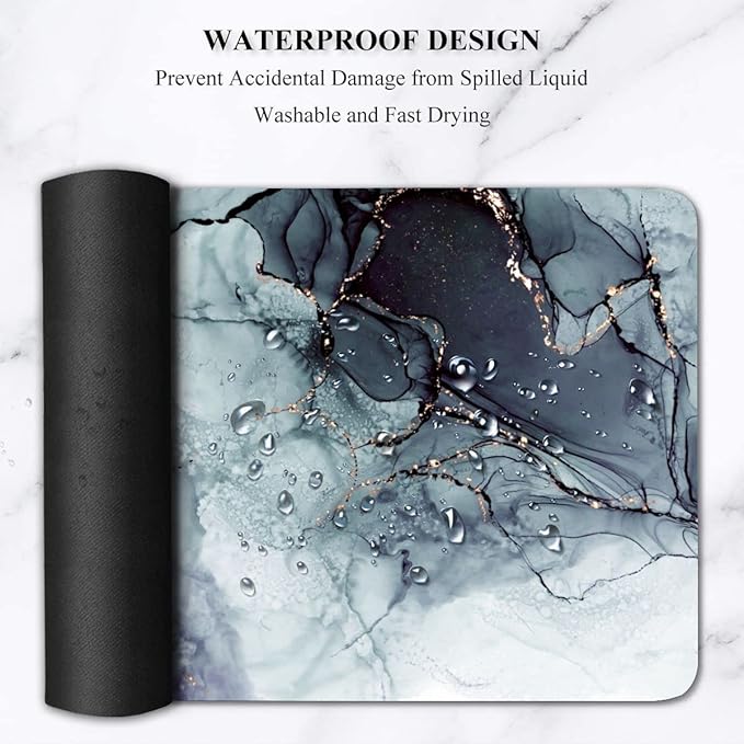 Extended Gaming Mouse Pad (31.5x11.8 in), Large Non-Slip Rubber Base Mousepad,Keyboard Mouse Mat Desk Pad for Work, Game, Office, Home -Painting Ink Blue Black Rose Gold Marble, Bo-M-010